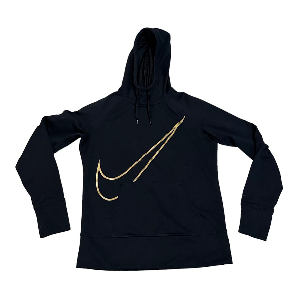 Nike Therma Fit Hoodie Sweatshirt Women Size M Big Swoosh Thumb Holes Black